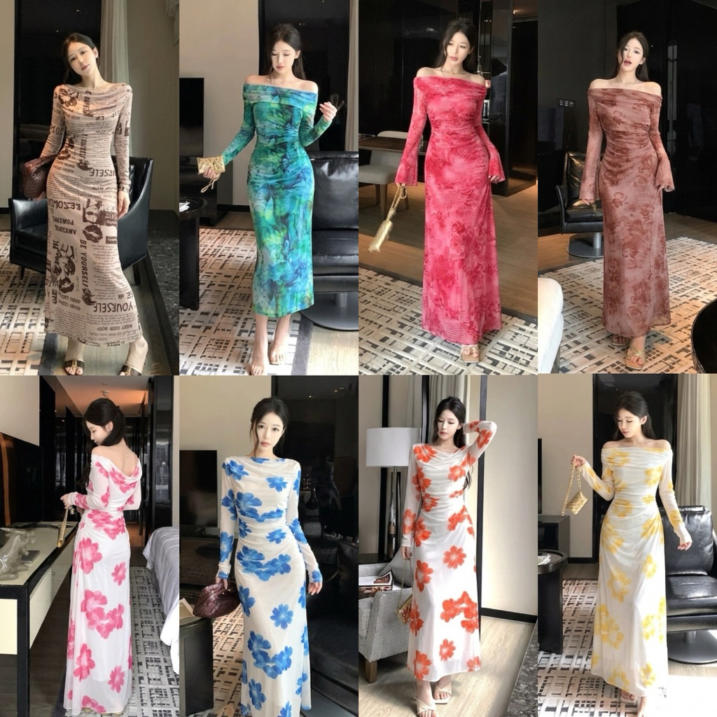 Teera❤️พร้อมส่ง✨✨ เดรสเปิดไหล่ลายพิมพ์สุดละมุน ใส่แล้วหุ่นสวย ดูแพงทุกมุม