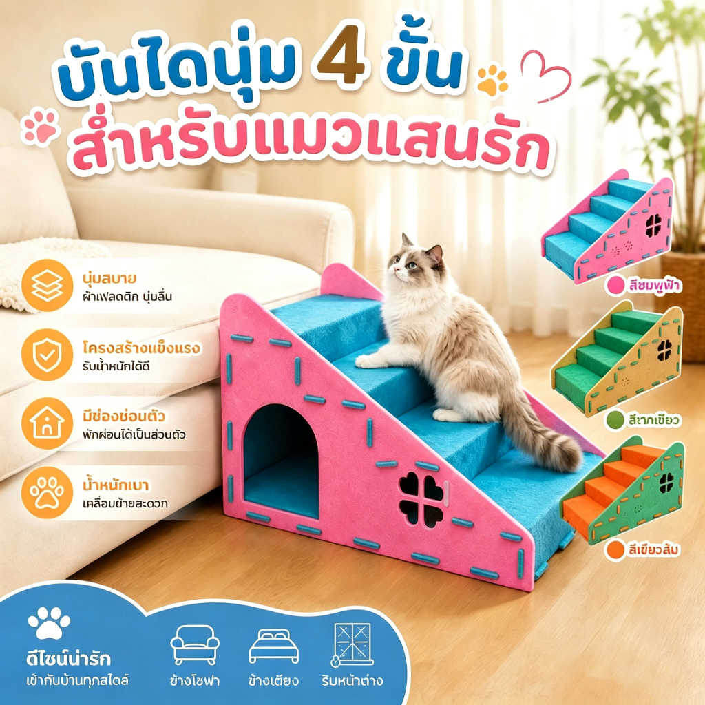 บันไดสัตว์เลี้ยง 4 ชั้น แผ่นเกาแมว ที่นอนแมว มั่นคง ประกอบง่าย ถอดประกอบได้ ถนอมข้อต่อสัตว์เลี้ยง สำหรับแมวและสุนัขเล็ก