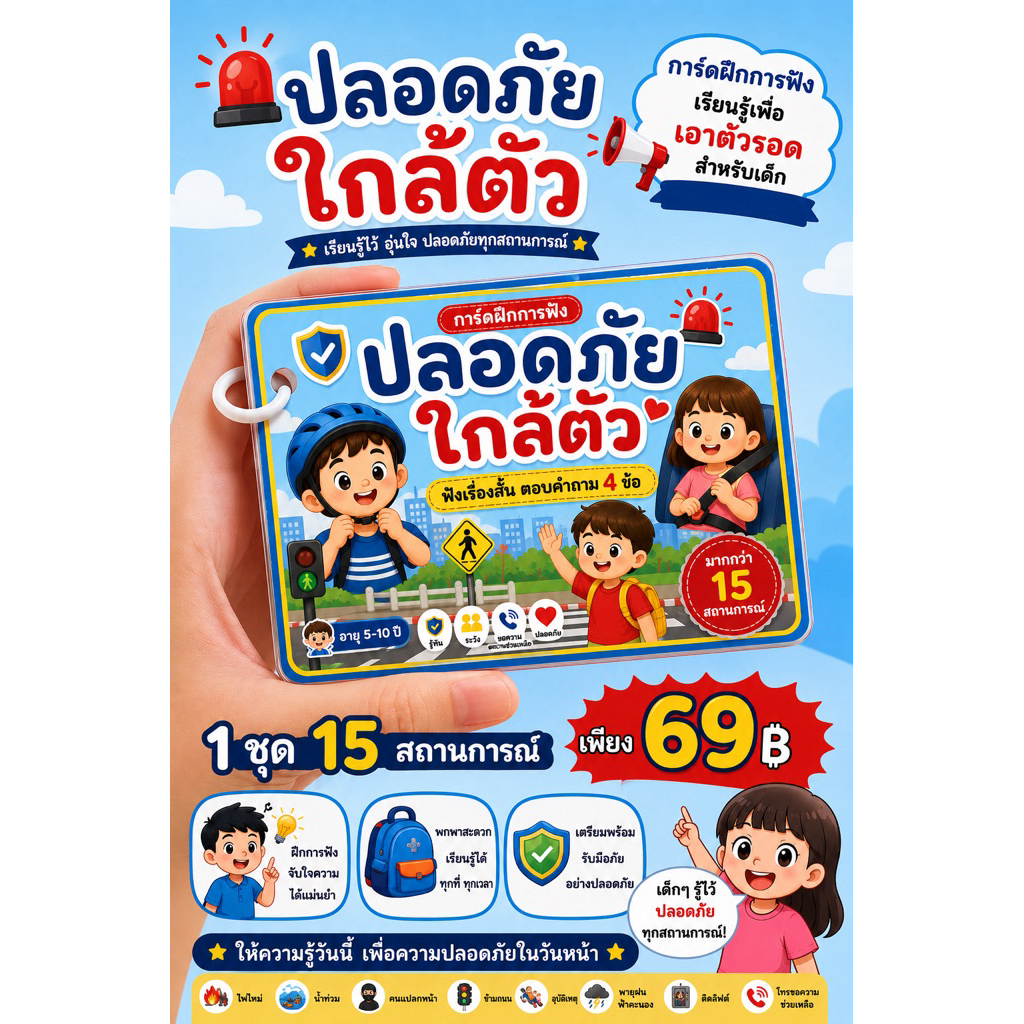 การ์ดฝึกคิด ปลอดภัย ใกล้ตัว 1ชุด 15 สถานการณ์ สำหรับเด็ก 5-10 ปี ช่วยพัฒนาทักษะการคิด และป้องกันความเสี่ยง