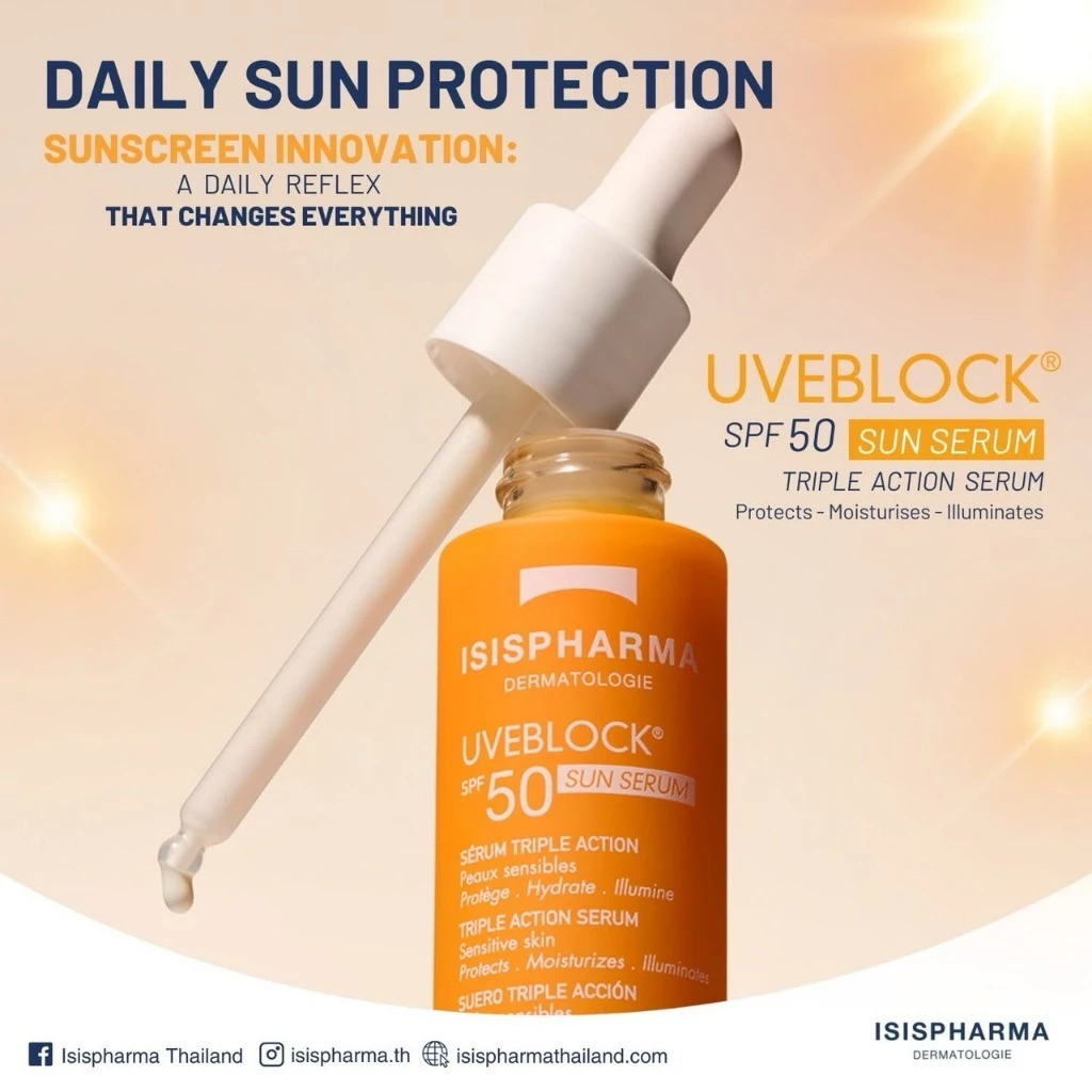 UVEBLOCK® SPF 50 SUN SERUM เซรั่มกันแดดเนื้อบางเบา ที่มอบความชุ่มชื้น พร้อมมอบผิวโกลว์กระจ่างใสและปกป้องผิวจากแสงแดด