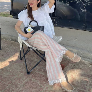 (S-3XL) Garden Bacon pants C4793 กางเกงขายาวปลายลูกไม้ 🌷