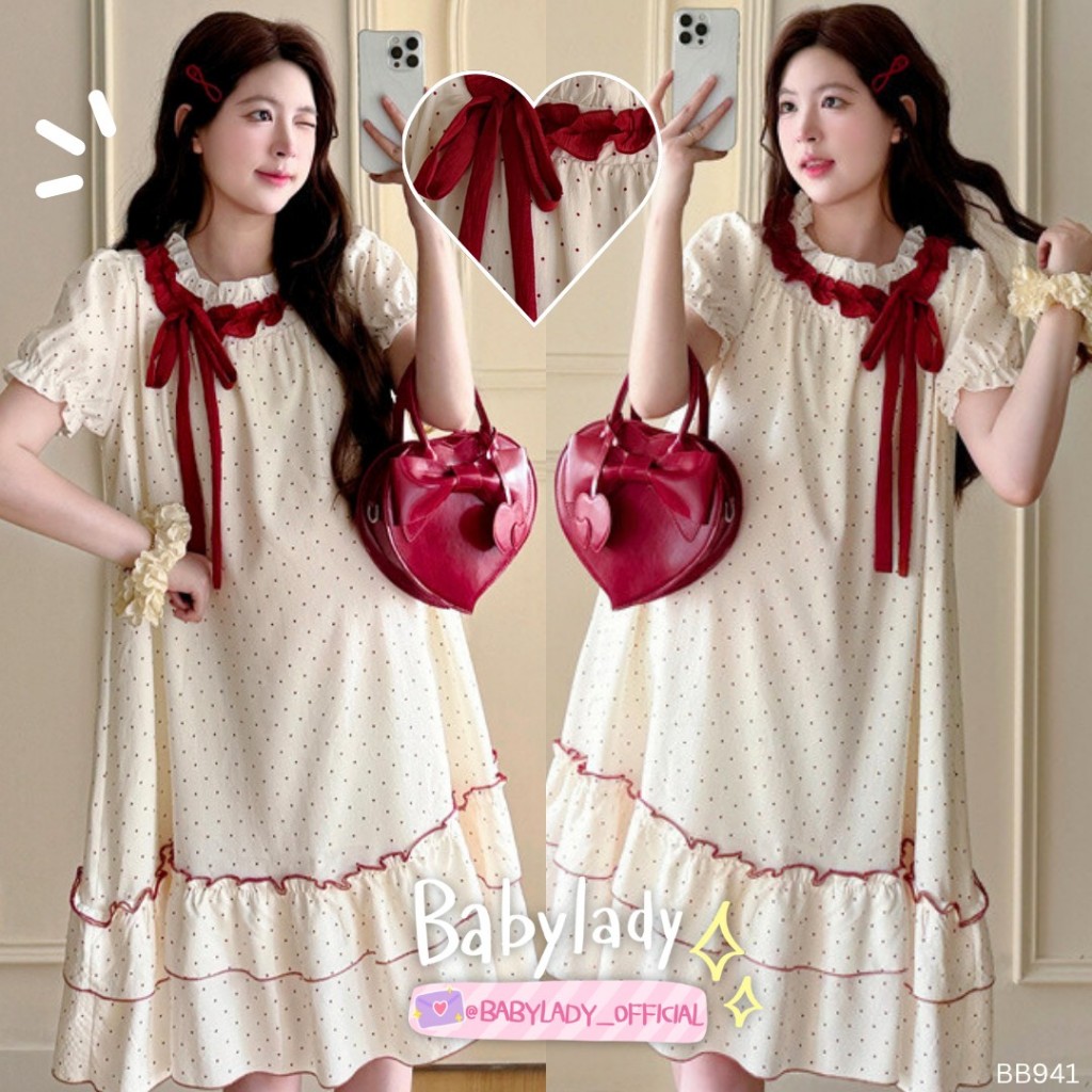 [BB 941] ชุดคลุมท้อง | BABYLADY ♡ - เดรสคอตตอน ลายจุด แขนตุ๊กตา โบว์คอ มีซับใน