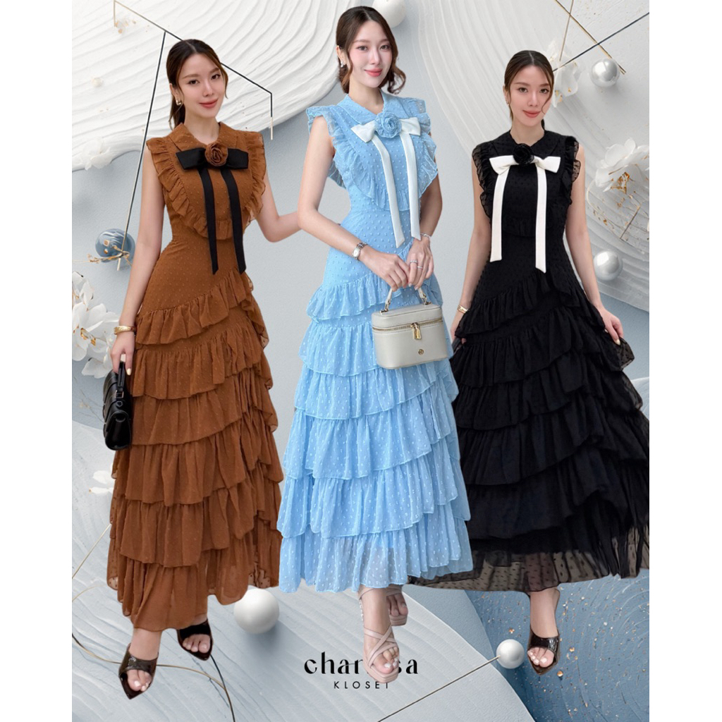 เดรสยาวงานตัดเกรดพรีเมียม ผ้า chiffon dot code 26700