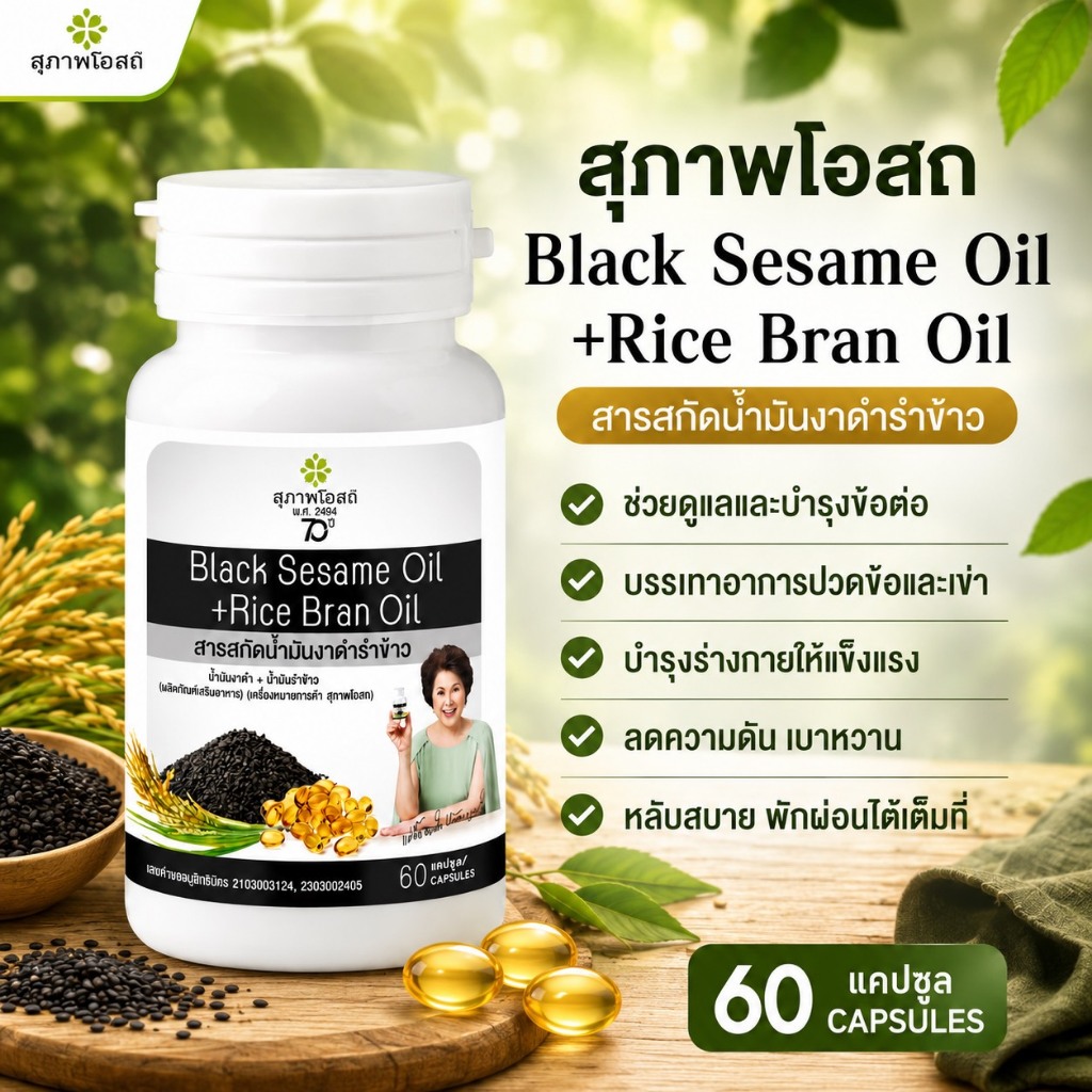 ลดแรง! น้ำมันงาดำผสมน้ำมันรำข้าว(1กระปุก 60 แคปซูล)ส่งฟรี แท้ 100% จากสุภาพโอสถ