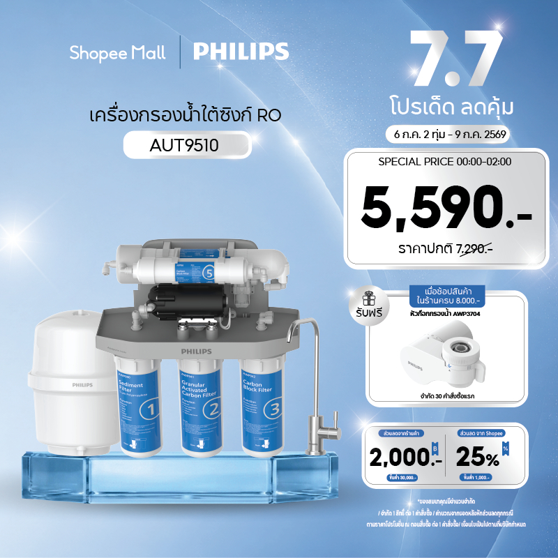 Philips water AUT9510 เครื่องกรองน้ำดื่ม 5 ขั้นตอน เมมเบรนระบบรีเวิร์สออสโมซิส (RO) เครื่องกรองน้ำใต้อ่างล้างจาน