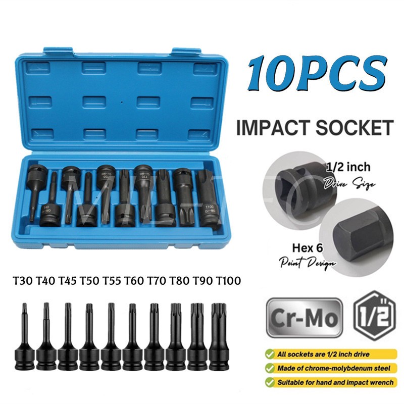 ชุดบล็อกเดือยโผล่ 4 หุน หัวท็อก TORX 10 ตัว/ชุด T30-T100