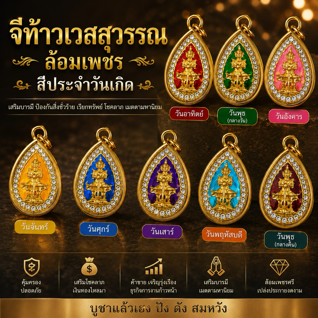 จี้ท้าวเวสสุวรรณล้อมเพชรประจำวันเกิด7สี7วัน แถมยันต์ท้าวเวส+แผ่นทองท้าวเวส