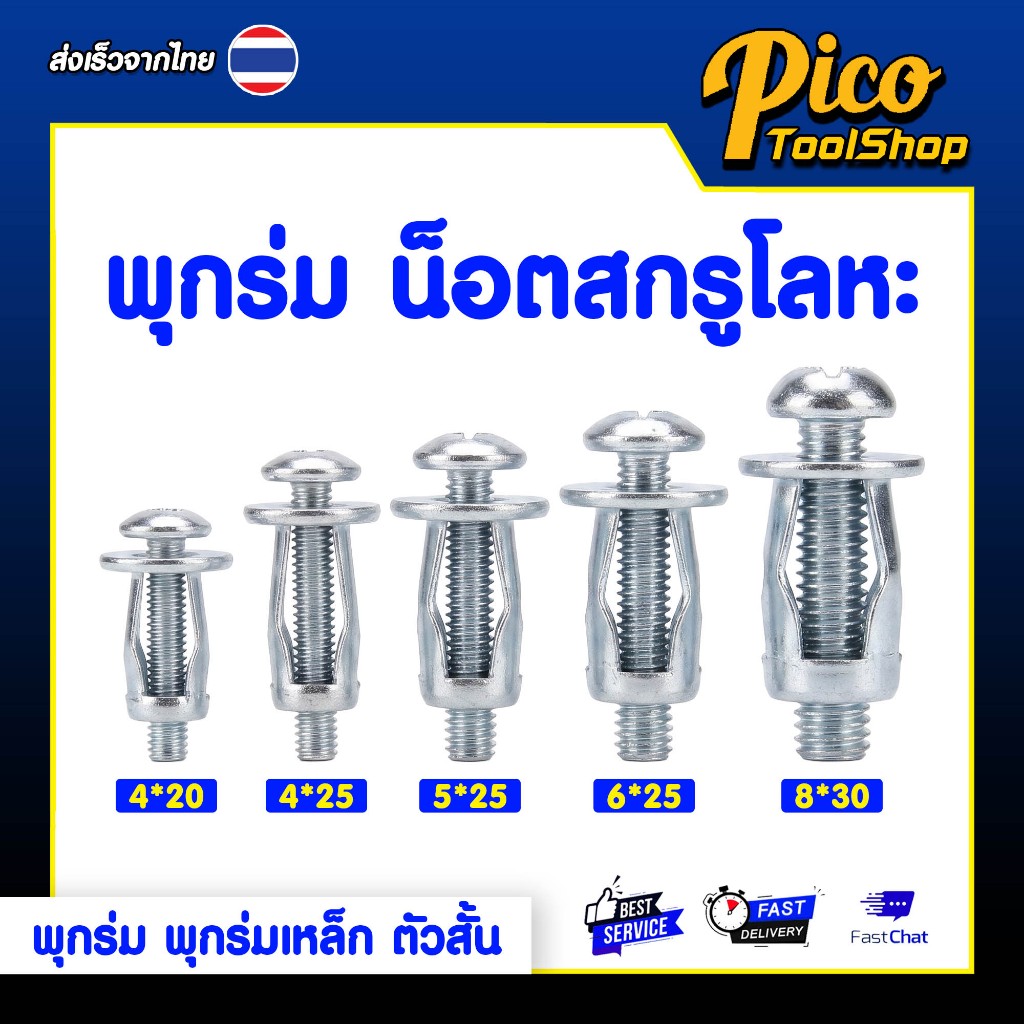 พุกร่ม น็อตสกรู M4 M5 M6 M8 ชุด 10 ตัว พุกเหล็ก เหมาะสำหรับยิปซั่มและผนังเบา