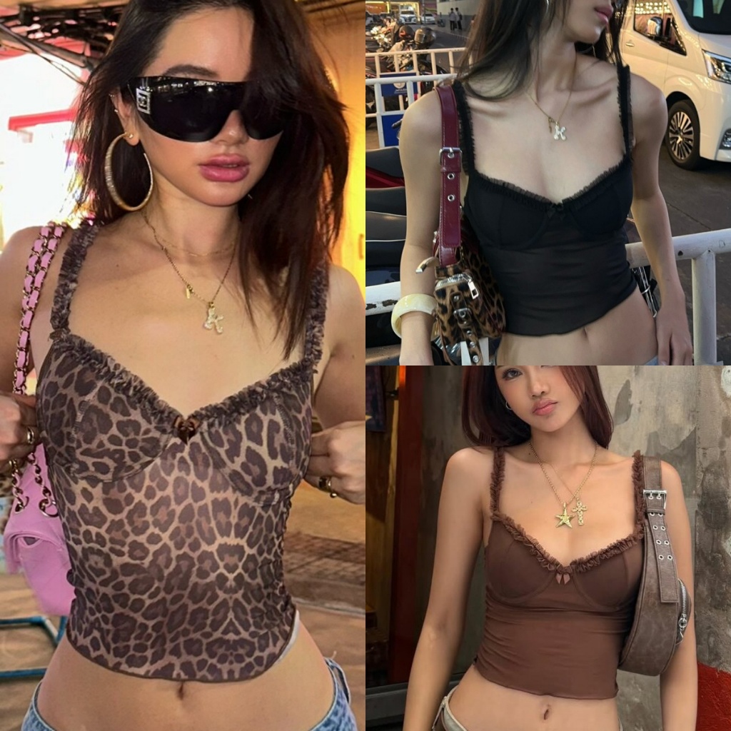 Beryl เสื้อกล้ามสายเดี่ยวผู้หญิง ดีไซน์ต่อผ้าลูกไม้ ผ้าตาข่ายยืดหยุ่น เสื้อสั้น สไตล์สาวฮอต เปิดหลัง