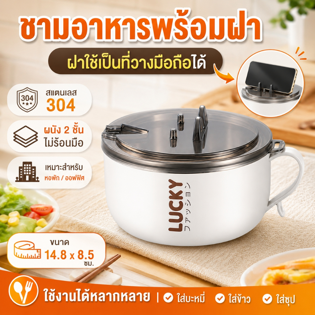 ถ้วยมาม่าพร้อมฝา สแตนเลส 304 ผนังสองชั้น กันร้อน ฝาวางมือถือได้ ชามอาหารสำหรับหอพัก ออฟฟิศ