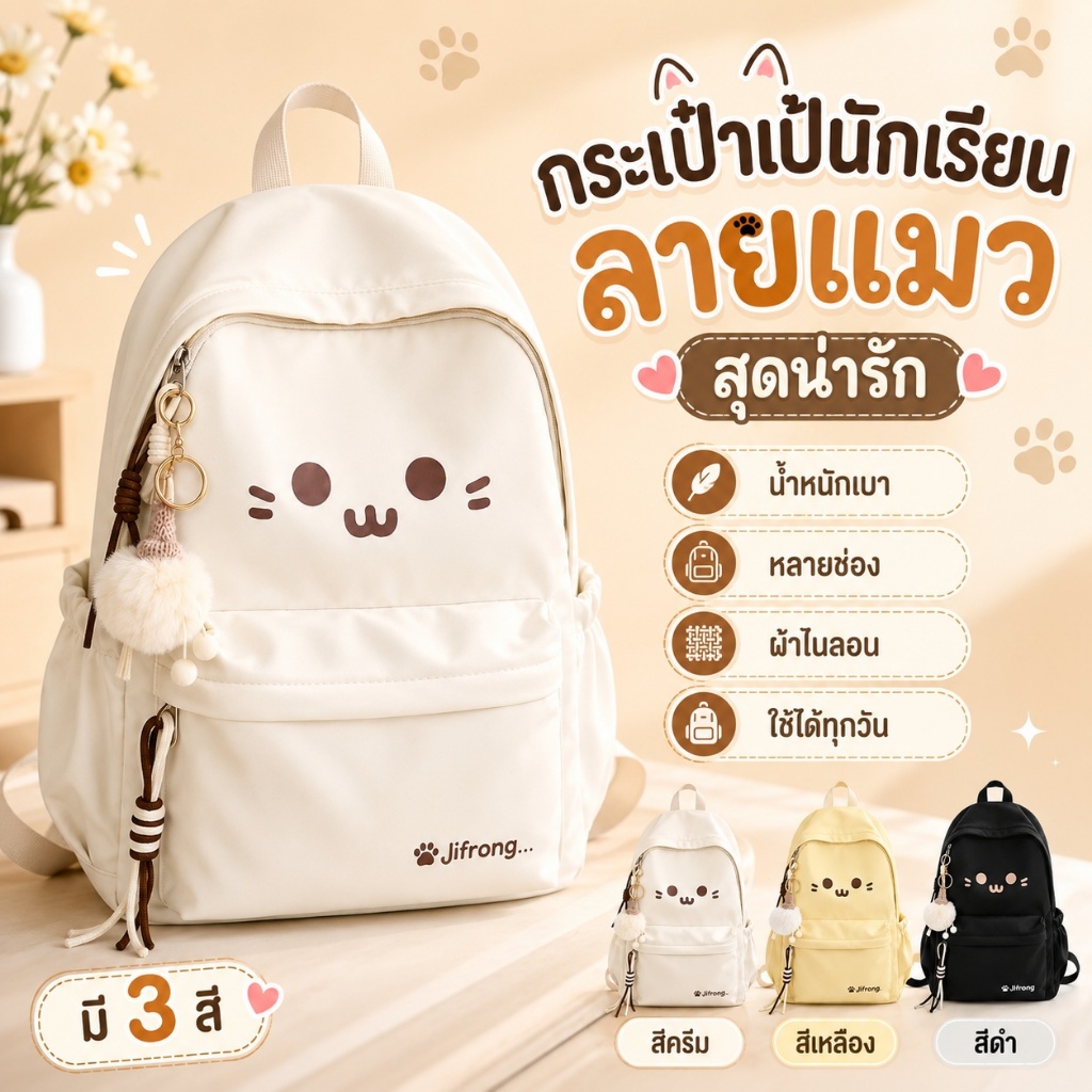 กระเป๋าเป้นักเรียนผู้หญิง ลายแมว ผ้าไนลอน หลายช่อง น้ำหนักเบา ช่องซิปหลัง 3 สี