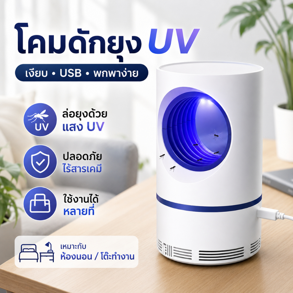 โคมดักยุง UV ไฟล่อแมลง ไม่กล้ายุงเข้า USB แบบพกพา ใช้งานง่าย ปลอดสารเคมี เหมาะห้องนอน ห้องทำงาน บ้าน ประหยัดพลังงาน