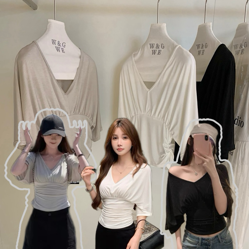 10232# เสื้อคอวี ผ้ายืดอย่างดี จับจีบย่นช่วงเอว เนื้อผ้าดี งานสวย COLOR : 3 สี