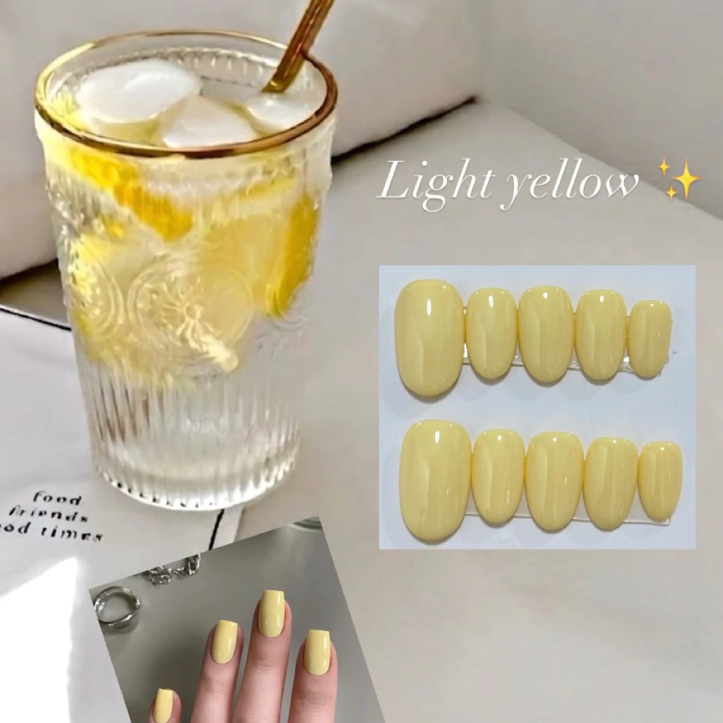 New✨ เล็บปลอมเจลสีเหลืองอ่อน Light Yellow ✨🍋🍃 3-5วันจัดส่ง (มือ,เท้า)