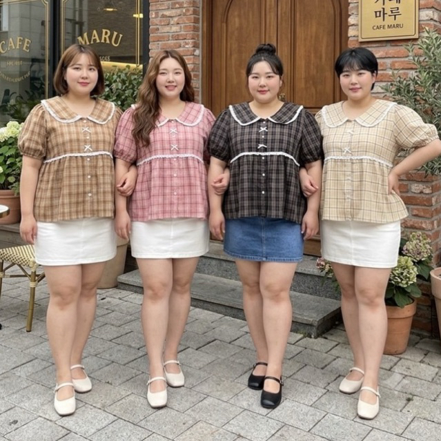 BN718.เสื้อสาวอวบปกบัวสก็อต แต่งโบว์กระดุม อก38-48“
