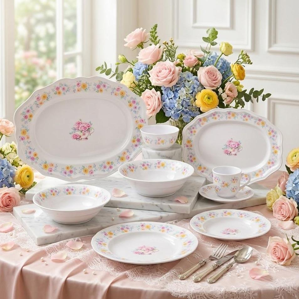 จานชามเมลามีน ลาย Rose Chiffon (โรส ชิฟฟอน)แบรนด์ Srithai Superware