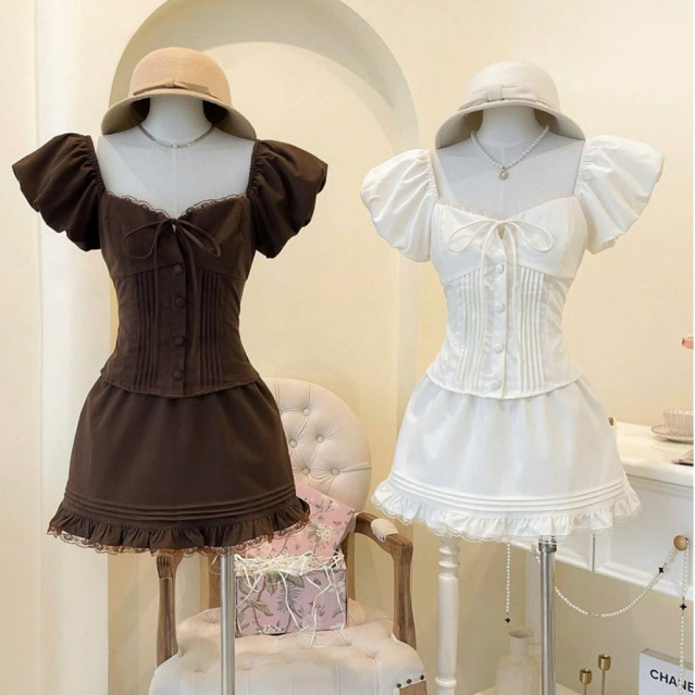 Romance Set 🤎 | เซ็ต 2 ชิ้น เสื้อ+กระโปรงสั้นระบายลูกไม้
