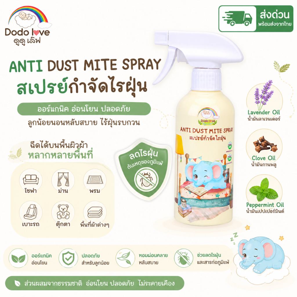 ส่งด่วน DoDolove สเปรย์กำจัดไรฝุ่น ออร์แกนิค 250ml Anti Dust Mite Spray ฉีดได้ทั่วไป สกัดจากธรมมชาติ