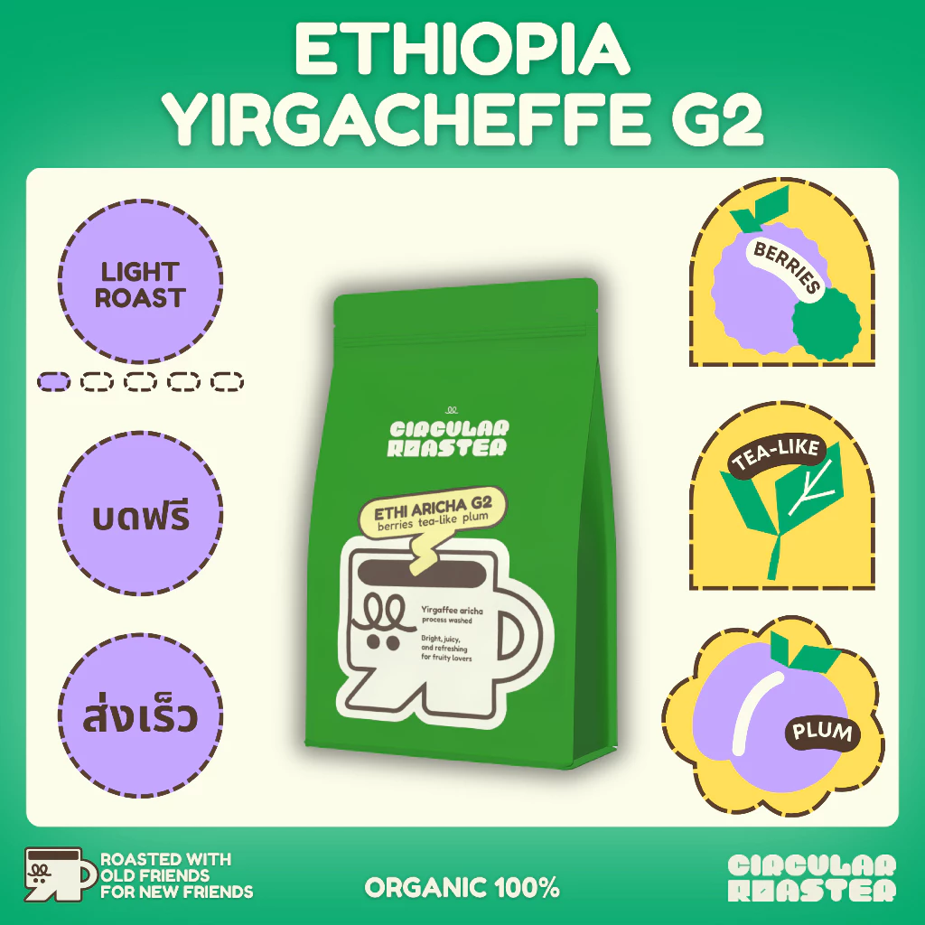 เมล็ดกาแฟ | คั่วอ่อน | Ethiopia Yirgacheffe G2 | สำหรับชงดริป | เอสเพลสโซ่ | เฟรนเพลส | คั่วใหม่