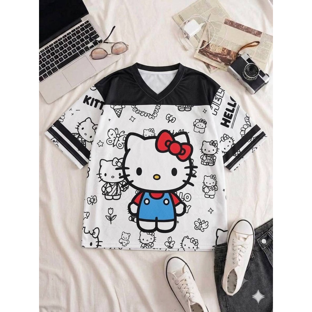 เสื้อเจอร์ซี่แนวสตรีทคอวีตัดต่อ ทรง Oversize ใส่ง่าย ลายสวย น่ารัก สกรีนดิจิตอล สกรีนจมไปกับผ้า รีดใส่สบาย เนื้อผ้า