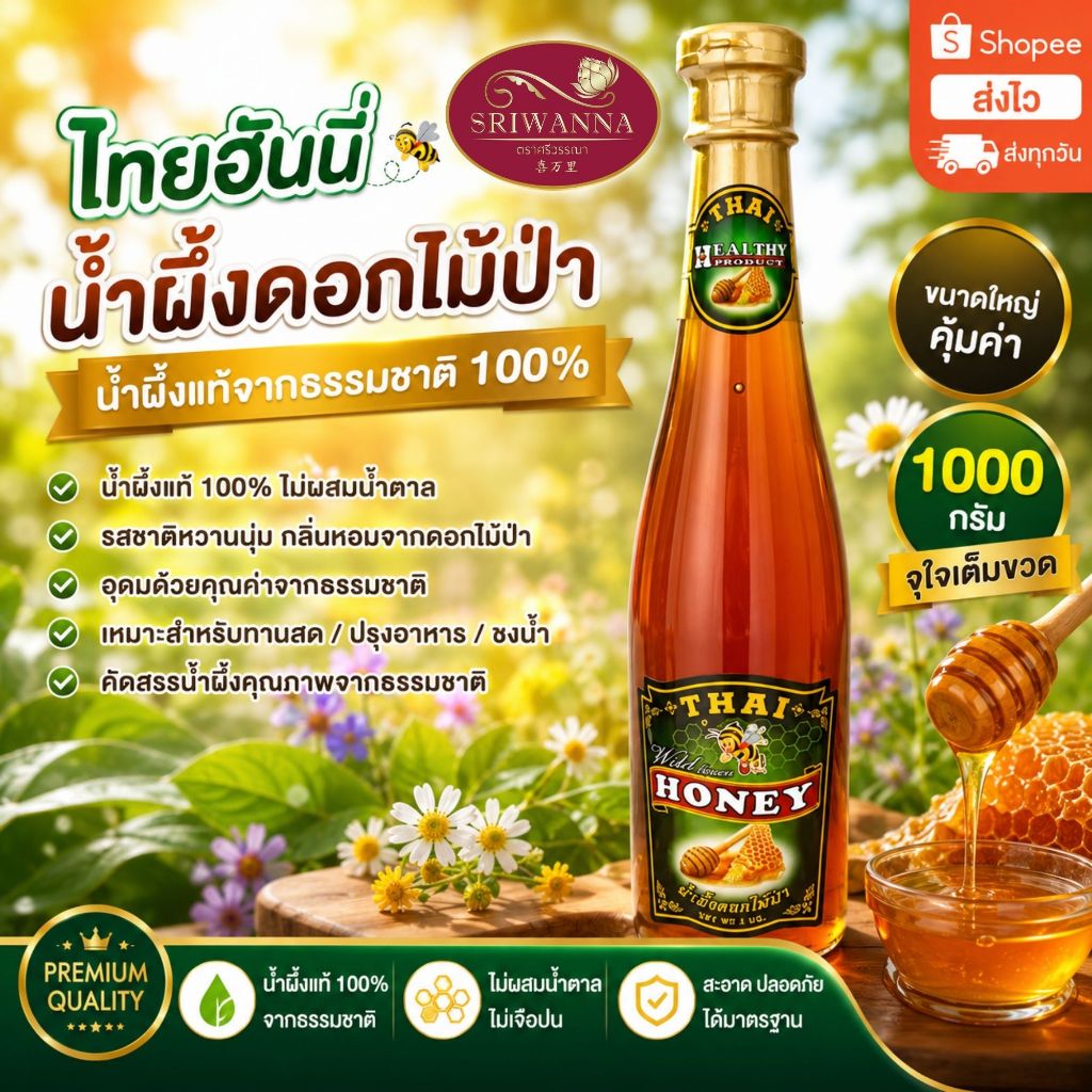 THAI HONEY (ไทยฮันนี่) น้ำผึ้งดอกไม้ป่า ขนาด 1000 กรัม น้ำผึ้งแท้ 100%
