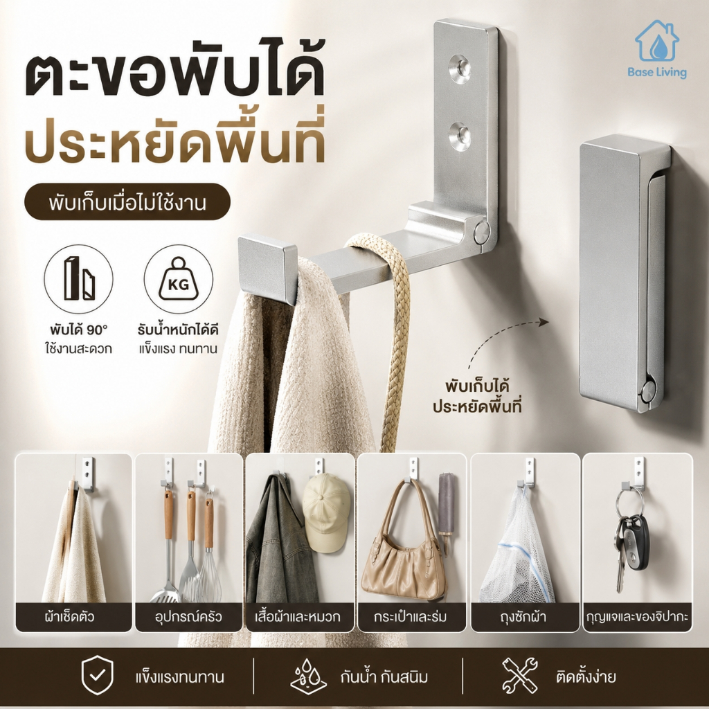 ตะขอแขวนติดผนังอลูมิเนียม พับได้ กันน้ำ รับน้ำหนักดี ประหยัดพื้นที่ ใช้แขวนผ้าเช็ดตัว กระเป๋า ร่ม เสื้อผ้า หมวก กุญแจ