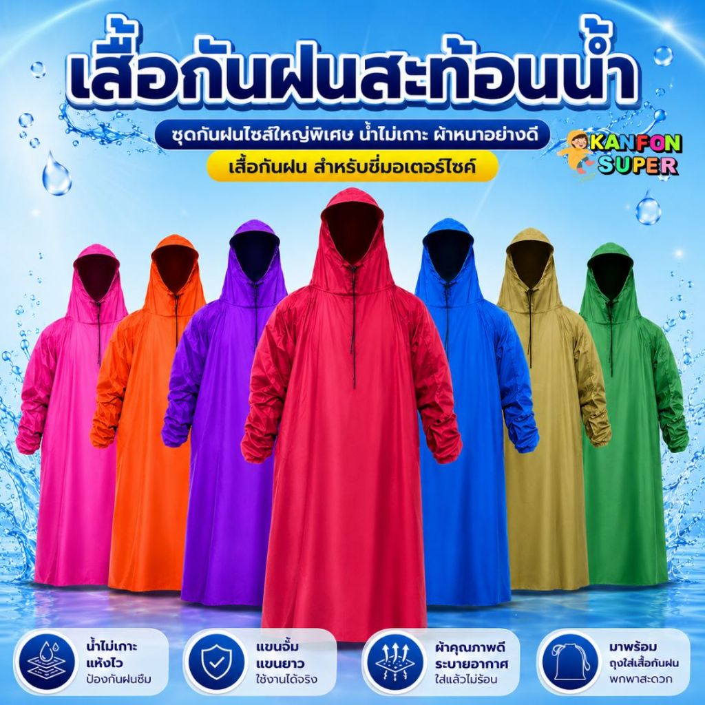 เสื้อกันฝนไซส์ใหญ่พิเศษ สะท้อนน้ำ ผ้าหนาอย่างดี มีหลายสีให้เลือก สำหรับขี่มอเตอร์ไซค์