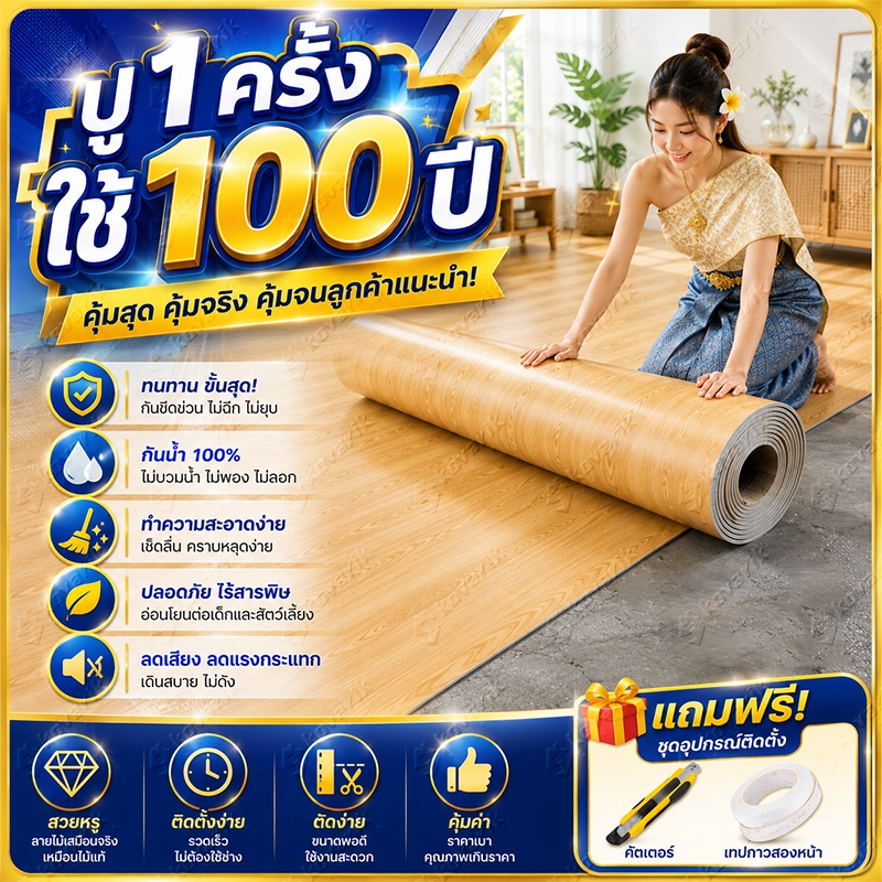 กว้าง 2m กระเบื้องยางแบบม้วน PVC หนา2.0มิล กันน้ำ กันลื่น ทนรอยเปื้อน ทนต่อการสึกหรอ พื้นกระเบื้องยาง แผ่นปูพื้นห้อง
