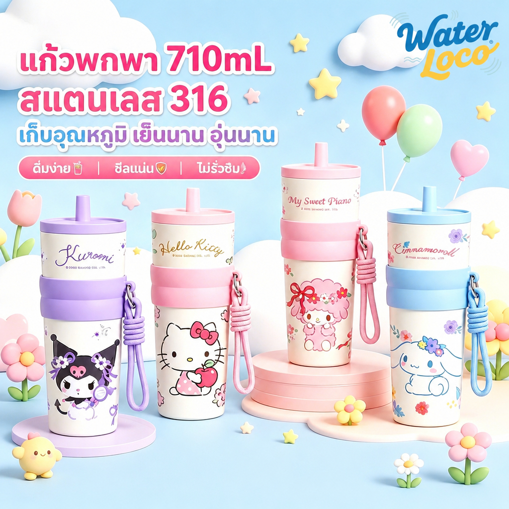 แก้วน้ำเก็บความเย็น 710ML สแตนเลส ถ้วยเก็บความร้อน ถ้วยน้ำการ์ตูน ความจุขนาดใหญ่ ด้วยฟาง แก้วน้ำในรถยนต์