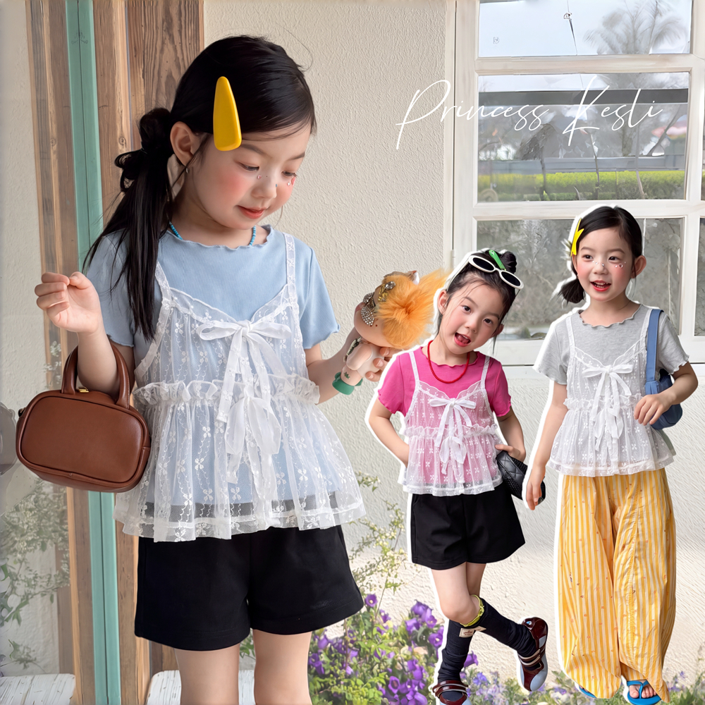 PRINCESS KESLI 2-12 ปี เสื้อเด็กผู้หญิง เสื้อยืดแขนสั้นเด็กสไตส์เกาหลี เสื้อเด็กแบบสองชิ้นปลอม ฤดูร้อน ผ้านุ่มใส่สบาย