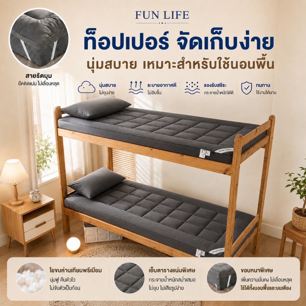 ทอปเปอร์ 2ฟุต 3ฟุต 3.5ฟุต ใยหนาพิเศษ 4 ชั้น นุ่มนอนสบาย ที่นอนปิคนิค