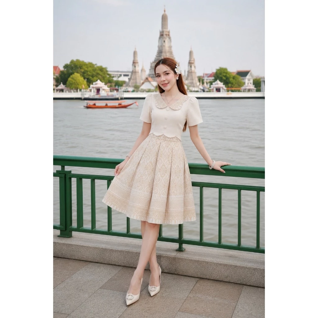 KS853 ชุดเดรสผ้าทอลาย คอผีเสื้อ กระเป๋าบาน8ชิ้น งานอัดกาวทั้งชุด ซิปซ่อนหลัง (S-5XL)