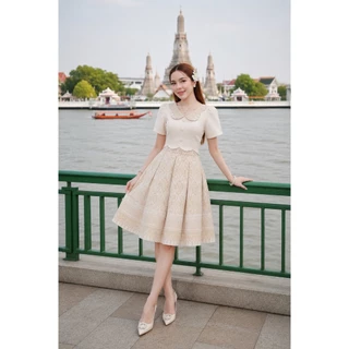 KS853 ชุดเดรสผ้าทอลาย คอผีเสื้อ กระเป๋าบาน8ชิ้น งานอัดกาวทั้งชุด ซิปซ่อนหลัง (S-5XL)