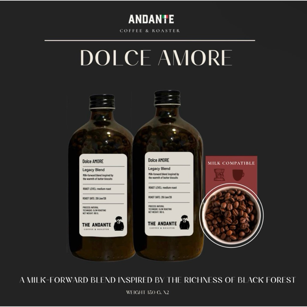 The Andante เมล็ดกาแฟคั่วกลาง สูตรเบลนด์ บรรจุ duo amber bottle x2 ขวด