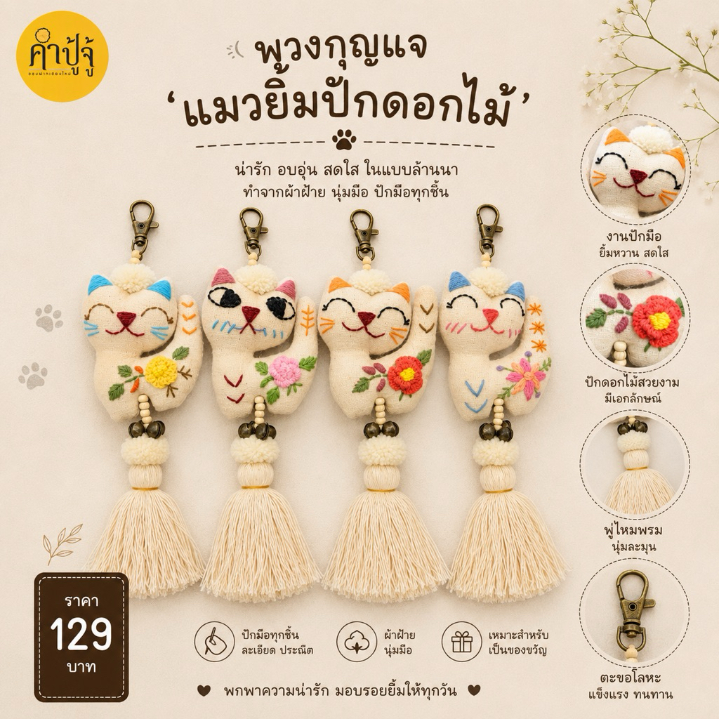พวงกุญแจแมวสีขาวปักลายดอกไม้ คละลายปัก