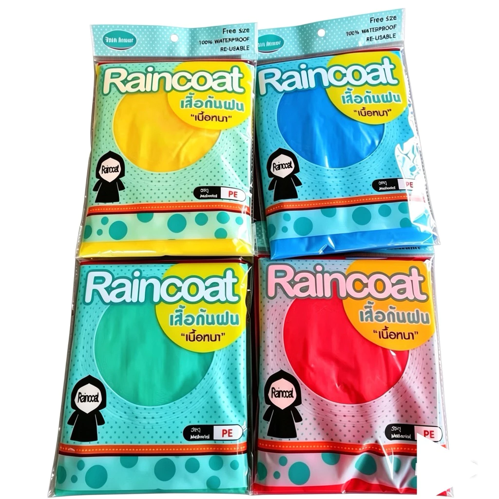 เสื้อกันฝนผู้ใหญ่ เนื้อหนา มีหมวก แขนจั๊ม คละสี ยกโหล 12 ตัว