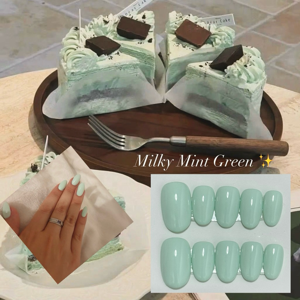 New✨ เล็บปลอมเจลสีเขียวมินต์นม สีอ่อน ติดสว่างมาก Milky Mint Green 🧁🫧🍒  โทนสีที่กำลังมาแรงปีนี้ 🔥  4-6 วันจัดส่ง