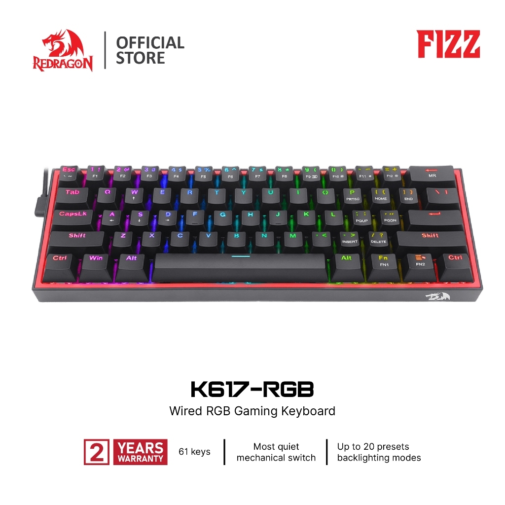 Redragon FIZZ K617 RGB สีดำ 60% คีย์บอร์ดกลไก แบบมีสาย 61 คีย์ ไฟ RGB Backlight