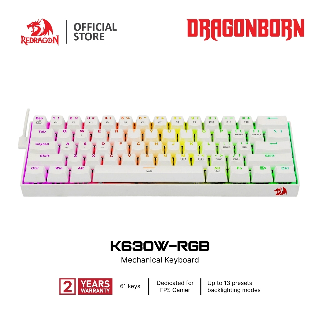 Redragon K630W Dragonborn ขนาด 60% คีย์บอร์ดเกมมิ่ง แบบมีสาย รองรับปุ่มได้ถึง 61 ปุ่ม คีย์บอร์ดเมคาน