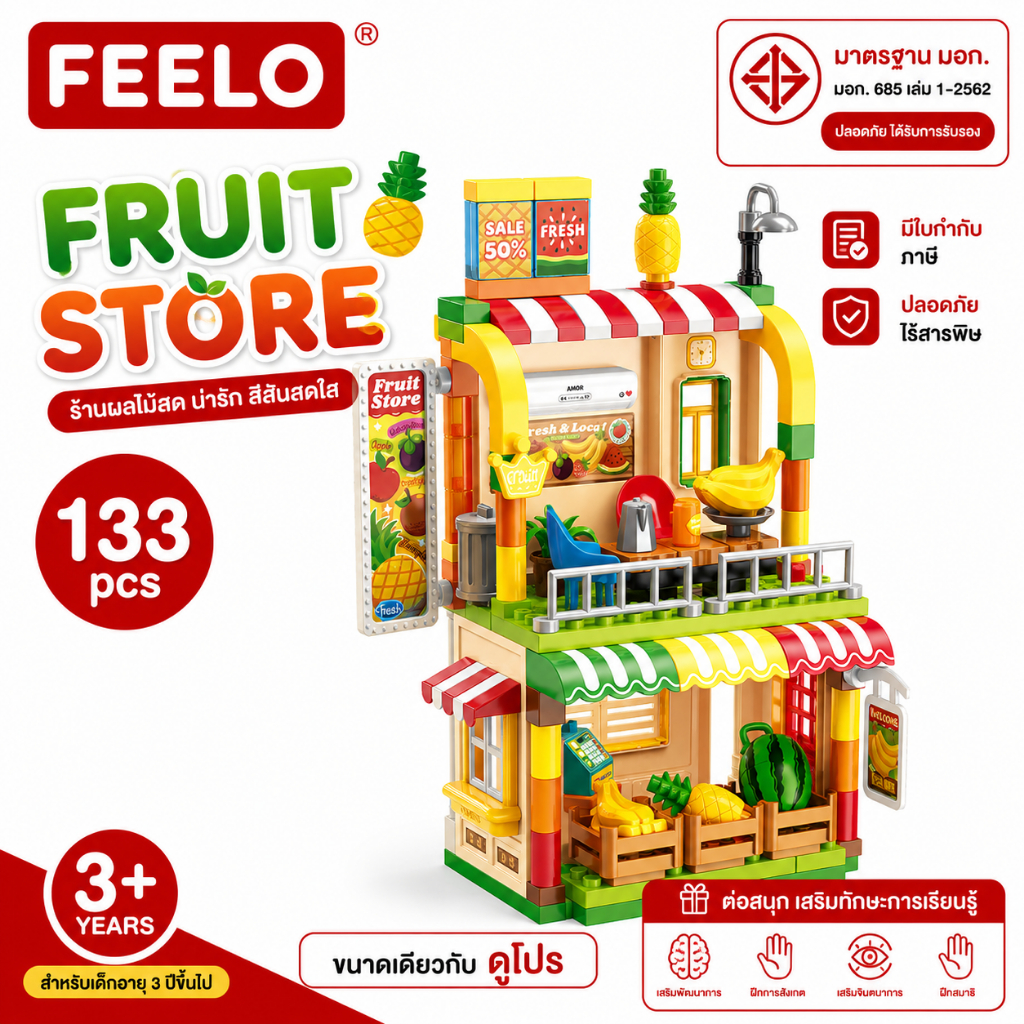 FEELO ของเล่นตัวต่อ Street View Series รุ่น Fruit Store จำนวน 133 ชิ้น ขนาดเดียวกับดูโปร