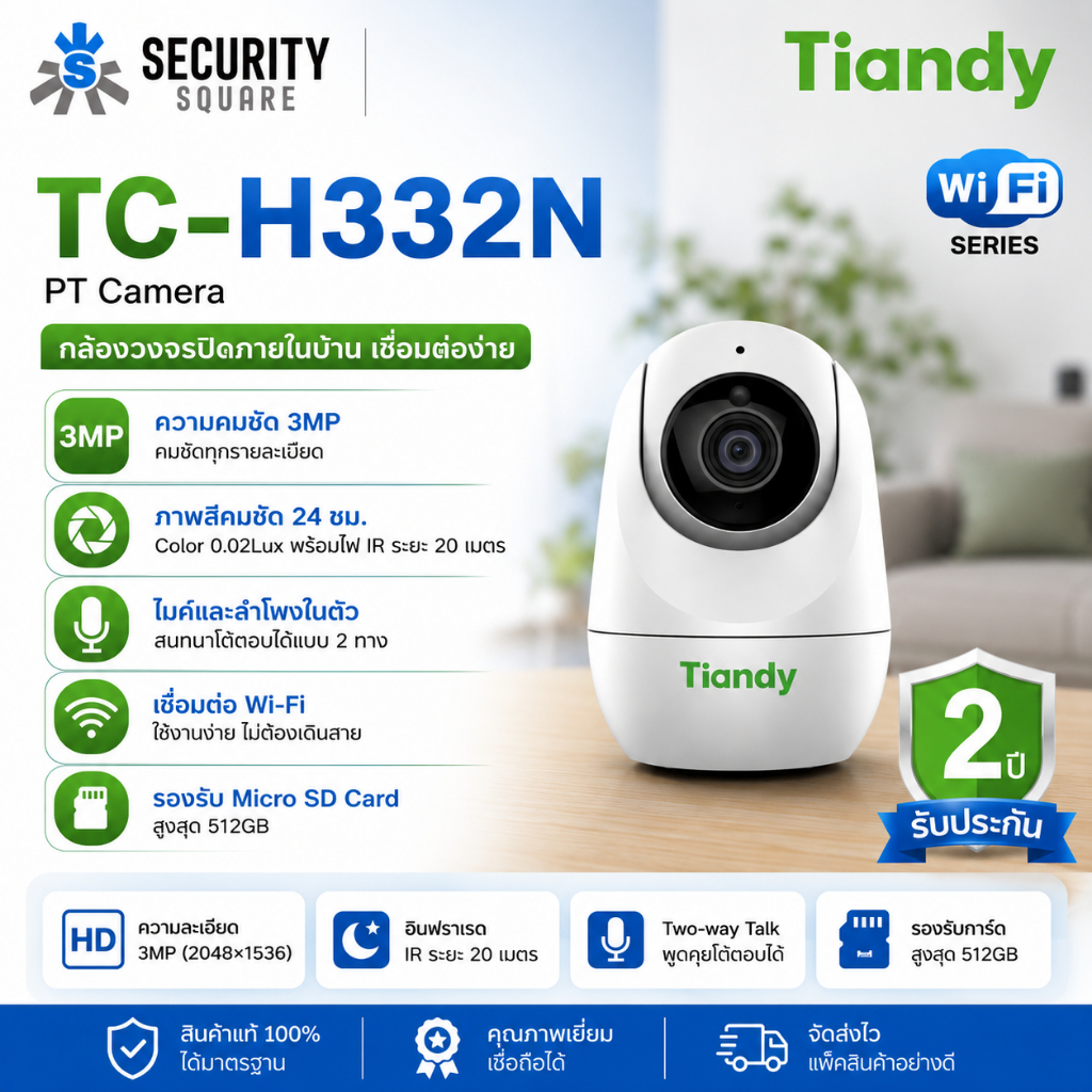 Tiandy กล้องวงจรปิดไร้สาย Wi-Fi อัจฉริยะ 3 MP รุ่น TC-H332N ภาพสีคมชัด มีไมค์ คุยโต้ตอบได้ ระบบติดตามมนุษย์ ประกัน 2 ปี