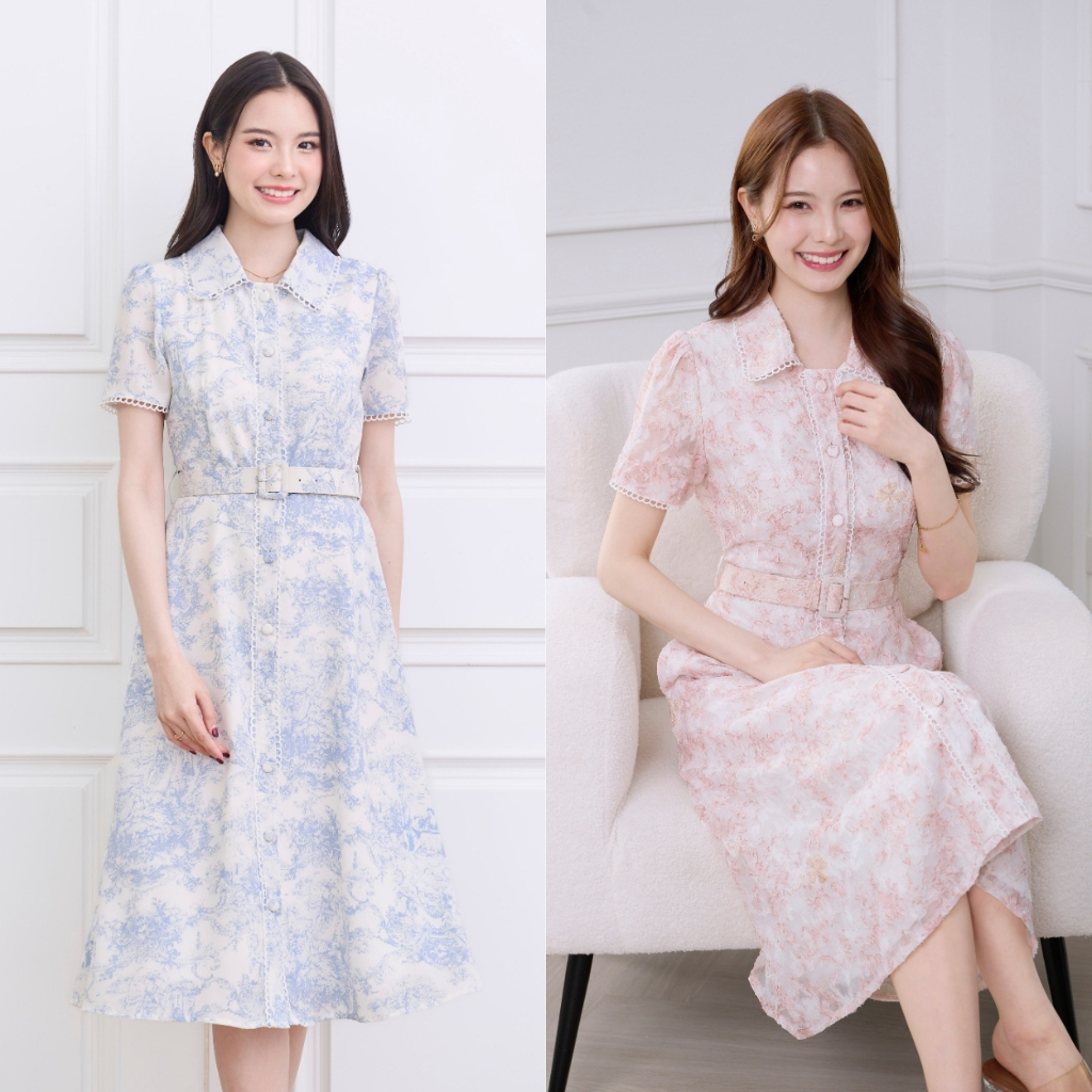 Cheryl brand - Celeste Collar Lace Trim Dress in Blue Toile Print  / เดรสสีฟ้าพิมพ์ลาย