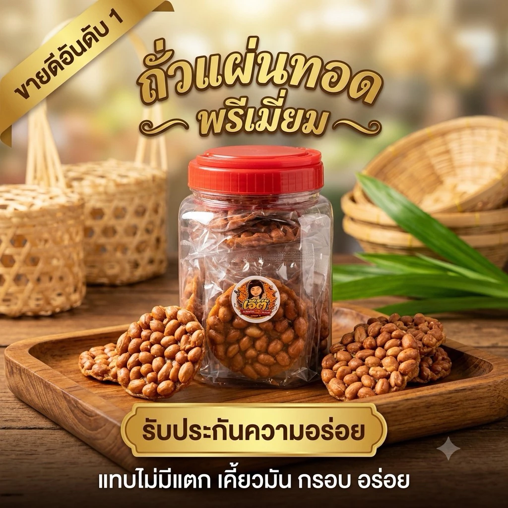 เจ๊ตุ๊ ถั่วแผ่นทอดโบราณ ถั่วทอดกรอบ ถั่วทอดกระปุก ถั่วแผ่นทอดฝาแดง ถั่วกรอบแก้ว ถั่วกระเทียม ทำสดใหม่ทุกวัน