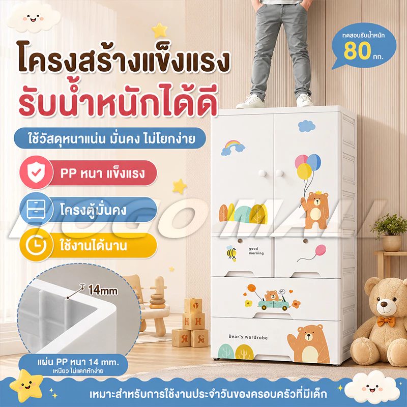 HOGO ตู้เสื้อผ้าเด็ก พับเก็บได้ ตู้เสื้อผ้า ตู้เก็บของ ลายการ์ตูน พร้อมล้อเลื่อน ประตูคู่ ลิ้นชัก thumbnail 8