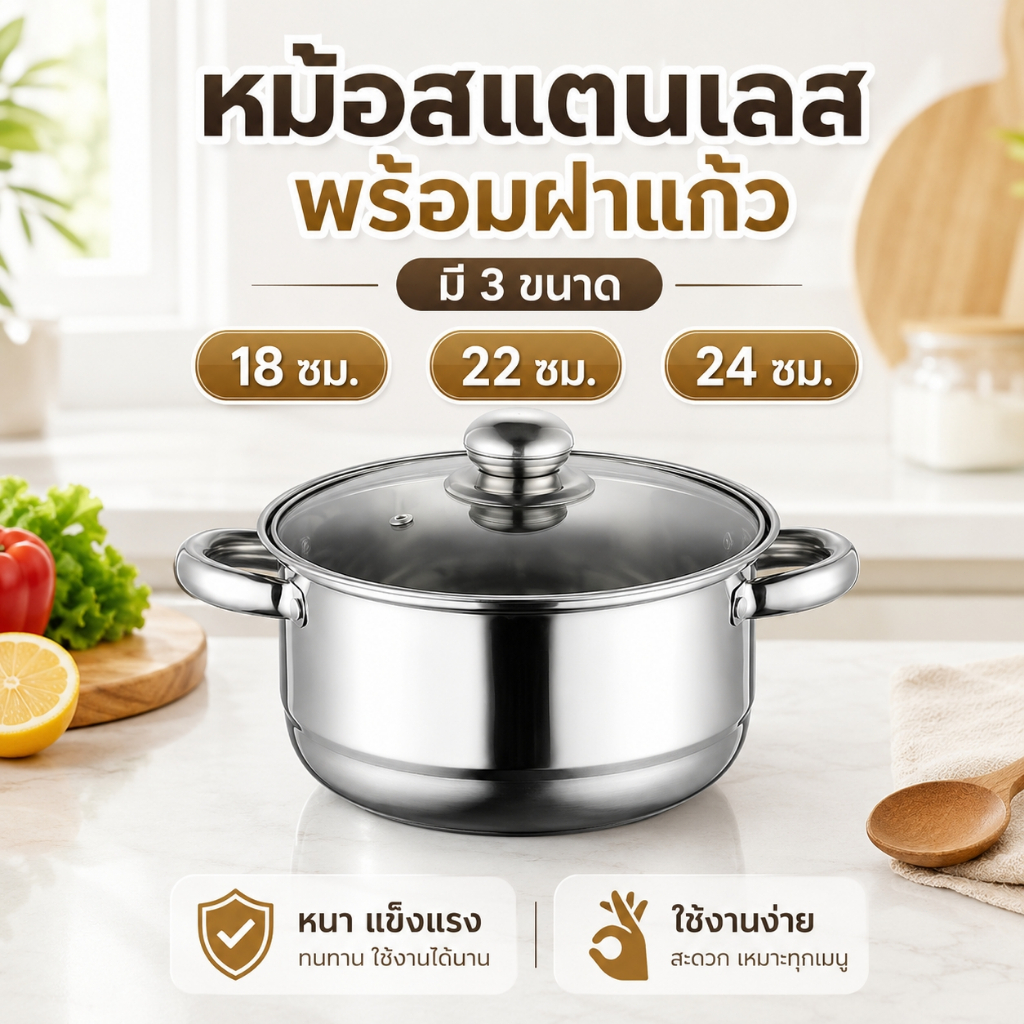 หม้อสแตนเลส 304 พร้อมฝาแก้ว หม้อต้มซุป หม้อทำอาหาร มี 3 ขนาด 18/22/24 ซม. หนา แข็งแรง สำหรับครัวเรือน