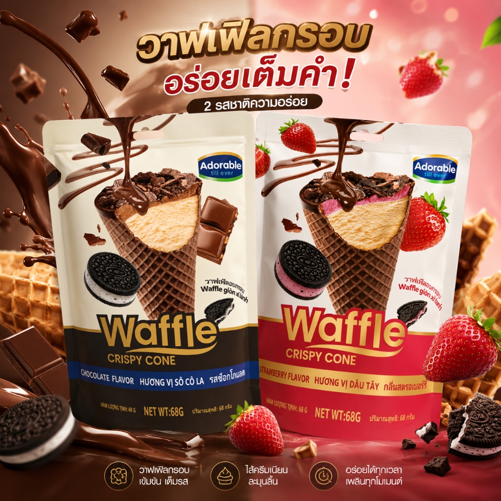 Waffle crispy cone ไอติมกรอบโอริโอ้ โคนวาฟเฟิลกรอบ เวเฟอร์ไอติมกรอบ โอริโอ้ช็อคโกแลต  มี 2 รสชาติ ขนาด 68 กรัม