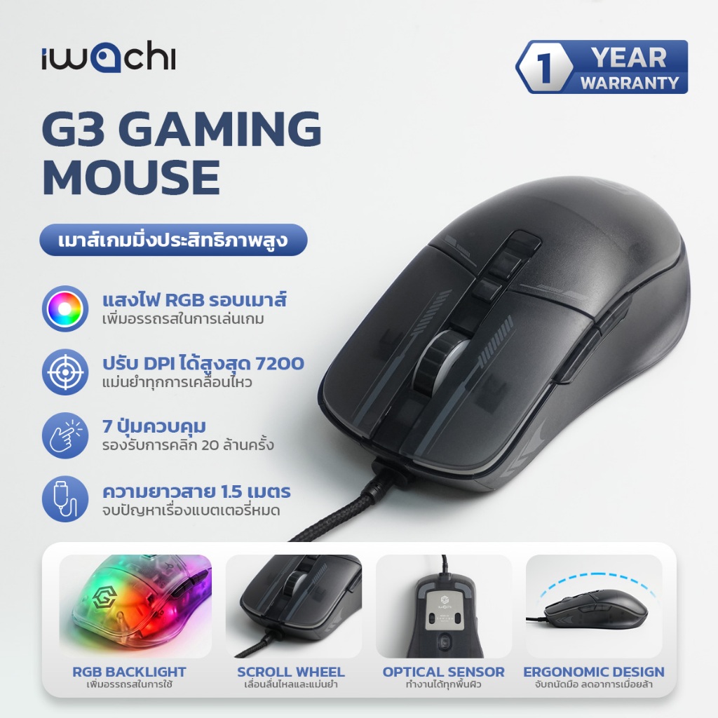 เมาส์ IWACHI G3 เมาส์ไฟ RGB แบบมีสาย เมาส์เกมมิ่ง ปรับไฟได้13โหมด ปรับDPI ได้สูงสุด 7200DPI