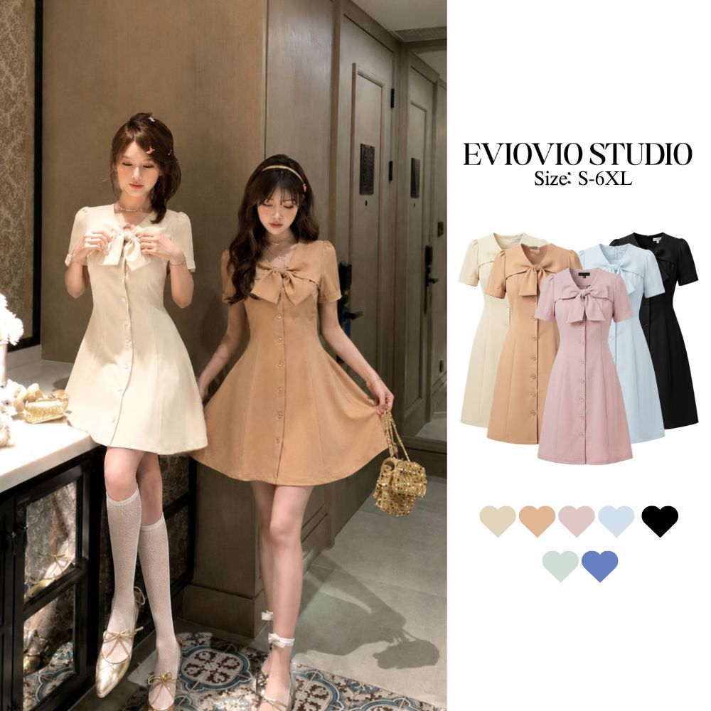 เติมสต๊อกแล้ว❗【EVIOVIO】S-6XL🚚 จัดส่งในไทย เดรสสไตล์มินิมอลผูกโบว์ที่คอ ทรงเอพรางหุ่นได้ดี ชุดไปคาเฟ่ ชุดทำงาน ชุดสาวอวบ💞