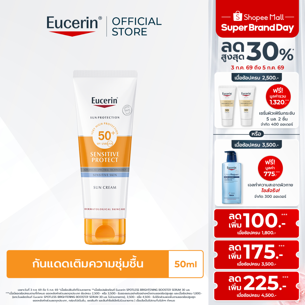 Eucerin SUN SENSITIVE PROTECT CREAM SPF 50+ PA++++ 50 ML ยูเซอริน ครีมกันแดดสำหรับผิวหน้า ให้ความชุ่มชื้น กันน้ำ