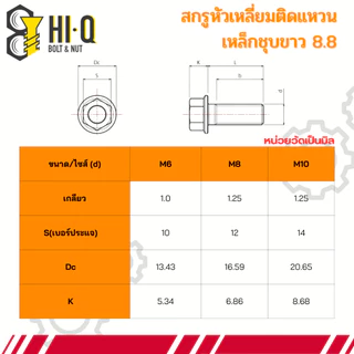 น็อตเบอร์ 12 สกรูหัวเหลี่ยมติดแหวน เหล็กชุบขาว8.8 ขนาด M8 เกลียว 1.25 มิล ความยาว 15 - 90 มิล แพ็คละ 5 ตัว